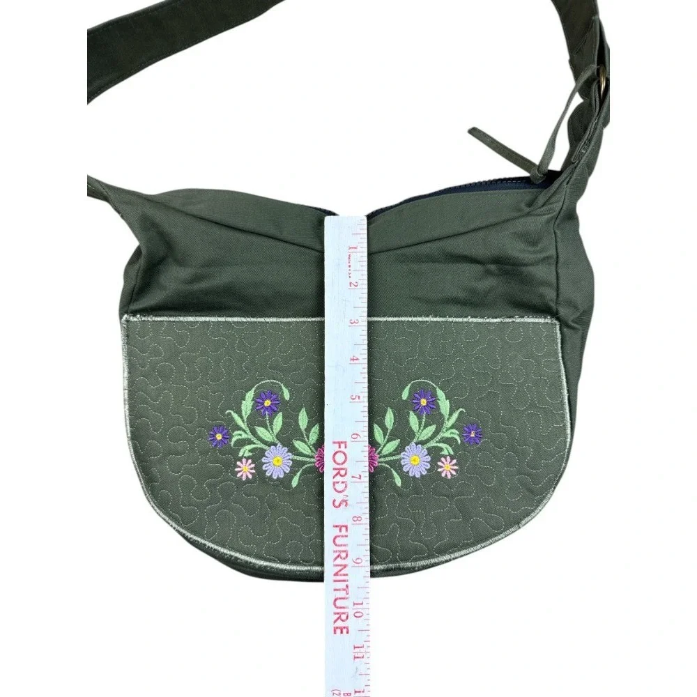 Handmade Artisan Canvas Hobo Bag Olive Green Quilted Floral Fiber Art‎ Slouchy